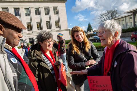 Affordable housing advocates talking on the Legislative Campus in Olympia